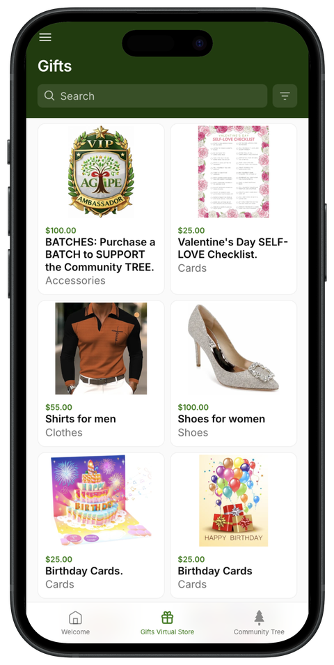 Agape app Gifts Virtual Store screen