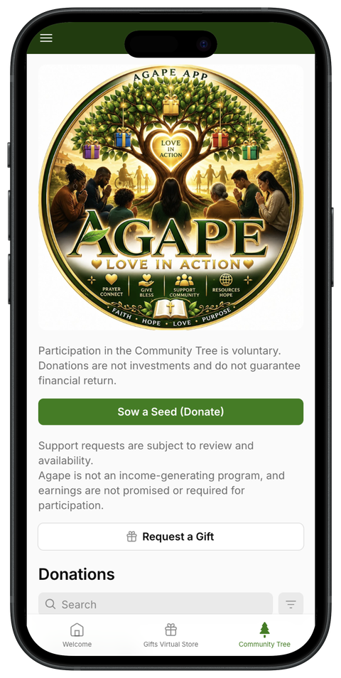 Agape app Community Tree donation and gift request screen