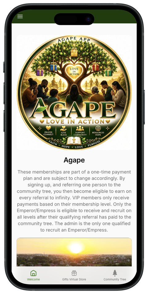 Agape app welcome screen featuring the Agape community tree logo